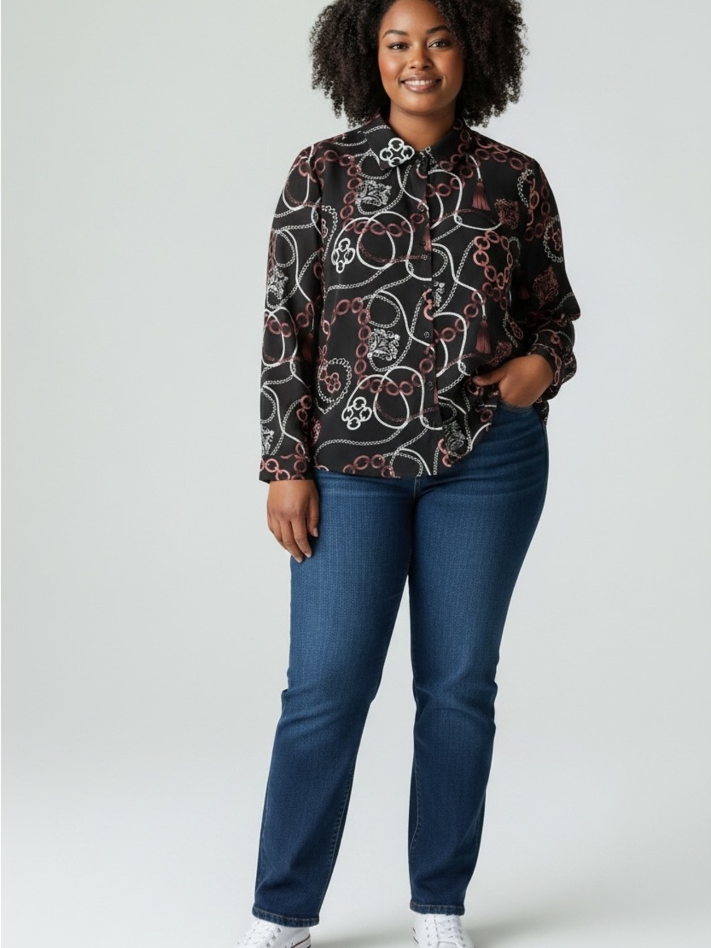 Guilty womens  Black & Rose Chain Print Long-Sleeve Button-Up Blouse size xl